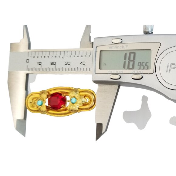 Czech Gold Tone Art Nouveau-style Red Prong Set Rhinestone Bar Brooch, M969 - Picture 6 of 8